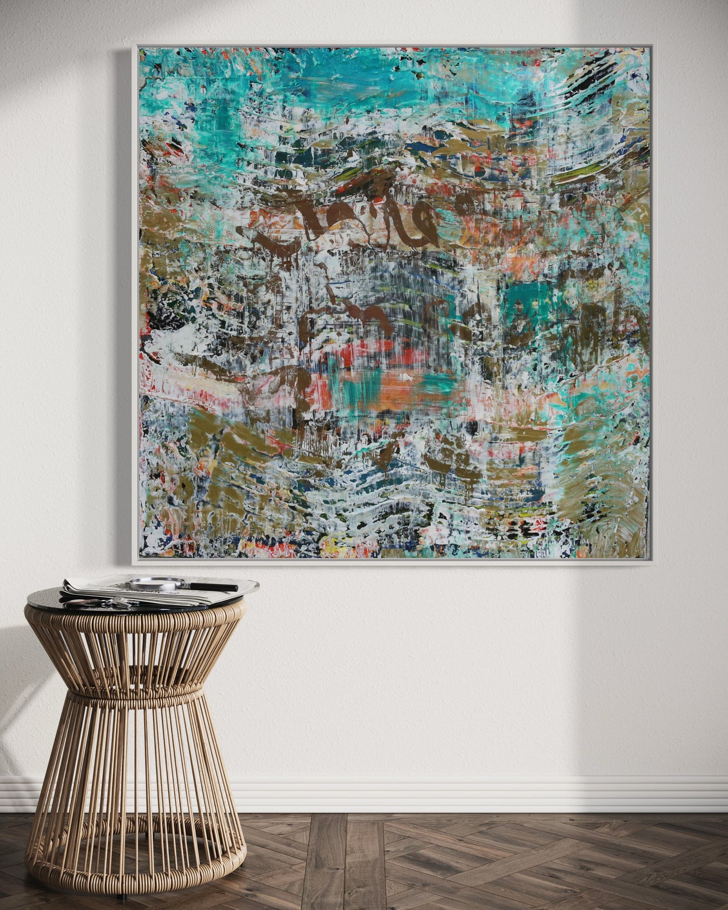 Teal and Gold Abstract Painting - Square Resin Art on Canvas - One of a Kind 40x40” Modern Wall Decor