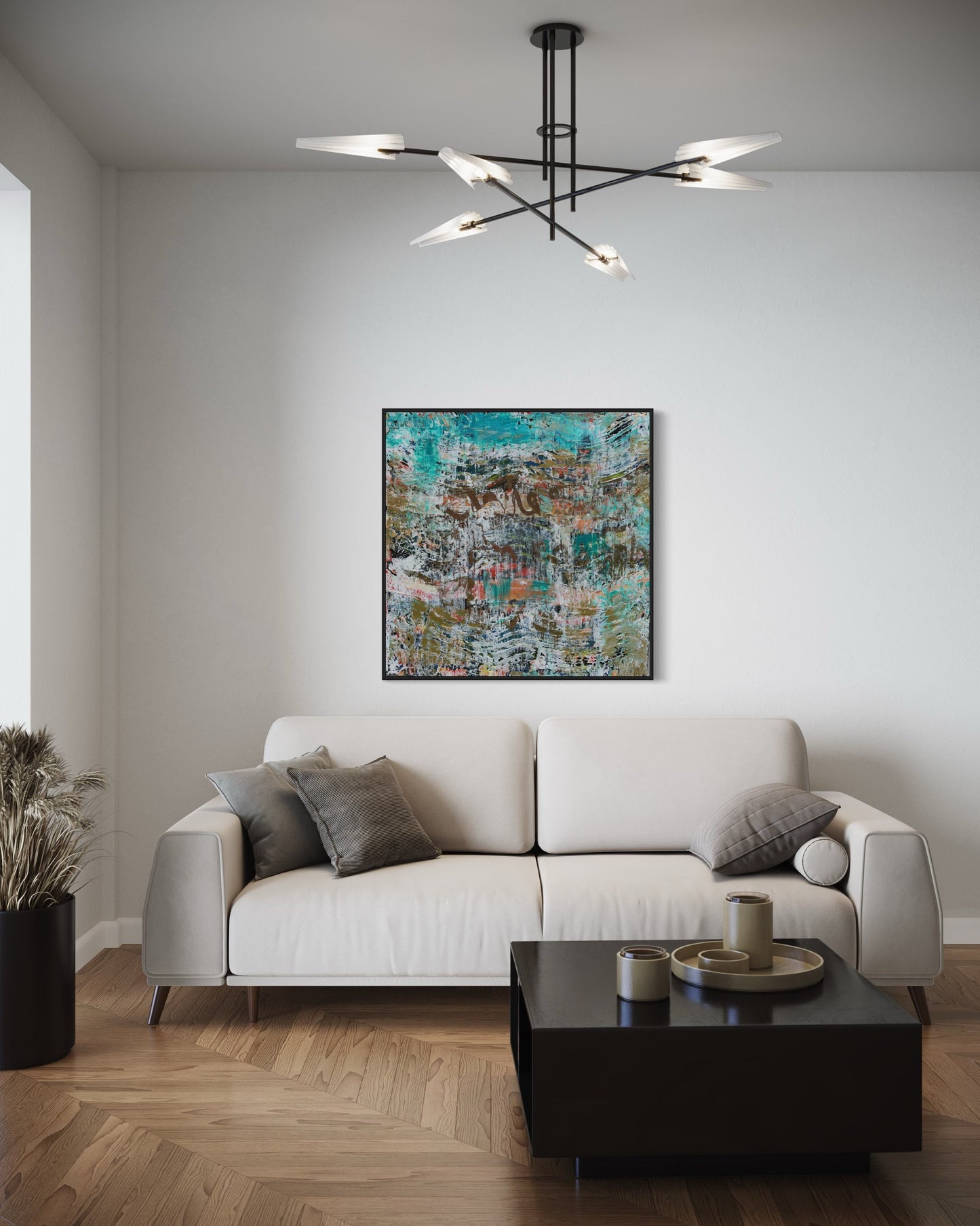 Teal and Gold Abstract Painting - Square Resin Art on Canvas - One of a Kind 40x40” Modern Wall Decor