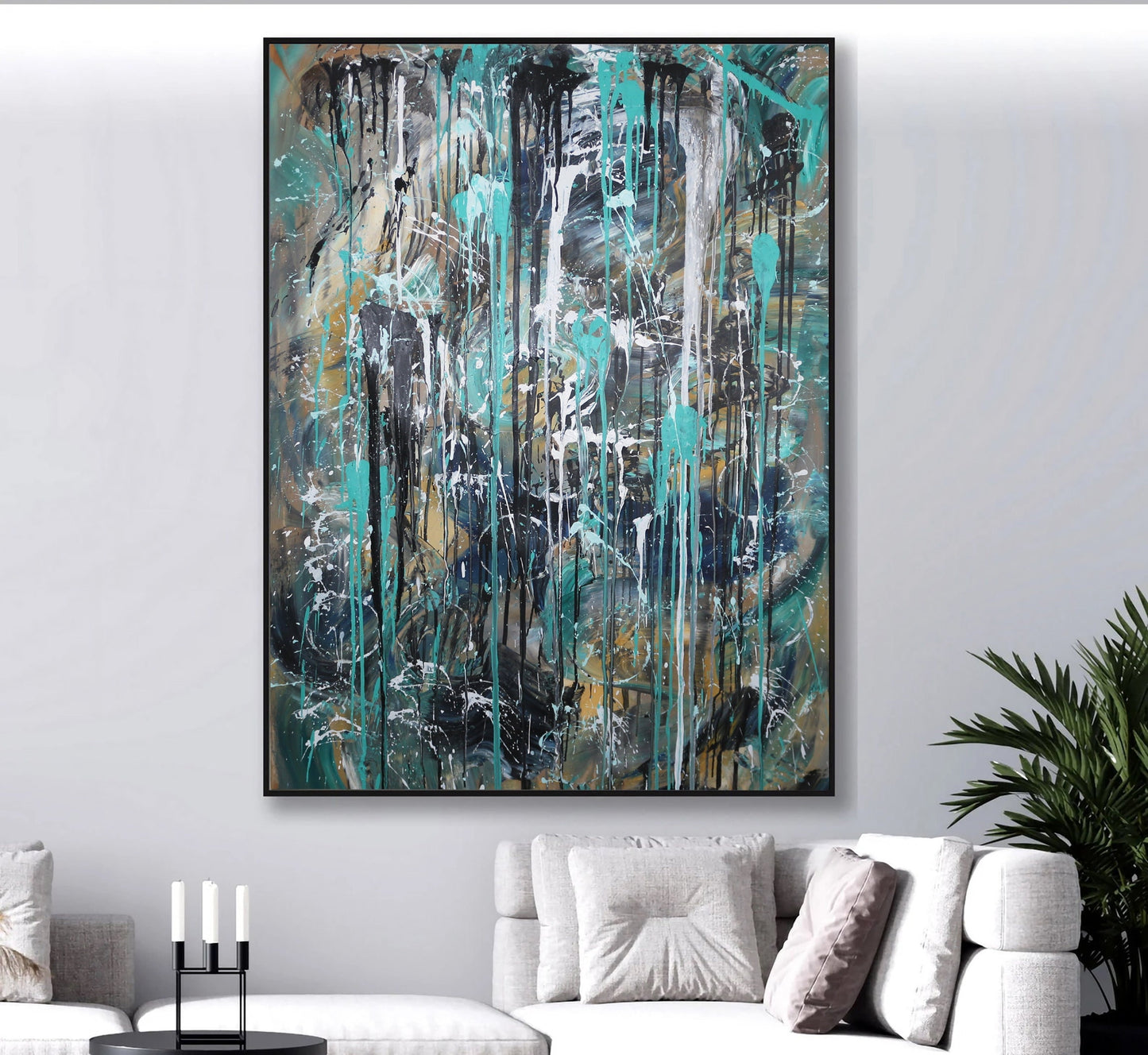 Turquoise Abstract Wall Art – Original Dripping Painting on Large Canvas | One of a Kind Textured Acrylic Artwork