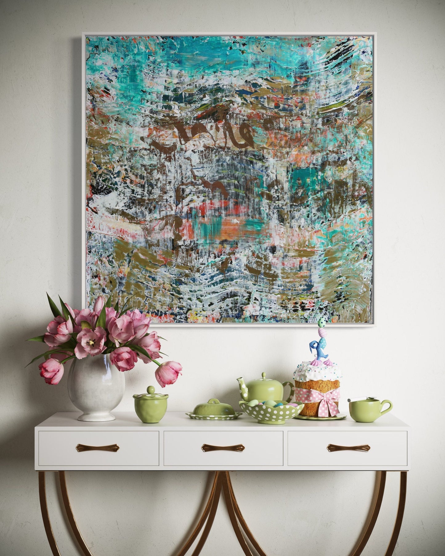 Teal and Gold Abstract Painting - Square Resin Art on Canvas - One of a Kind 40x40” Modern Wall Decor
