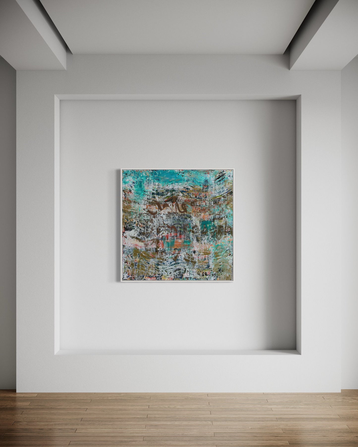 Teal and Gold Abstract Painting - Square Resin Art on Canvas - One of a Kind 40x40” Modern Wall Decor