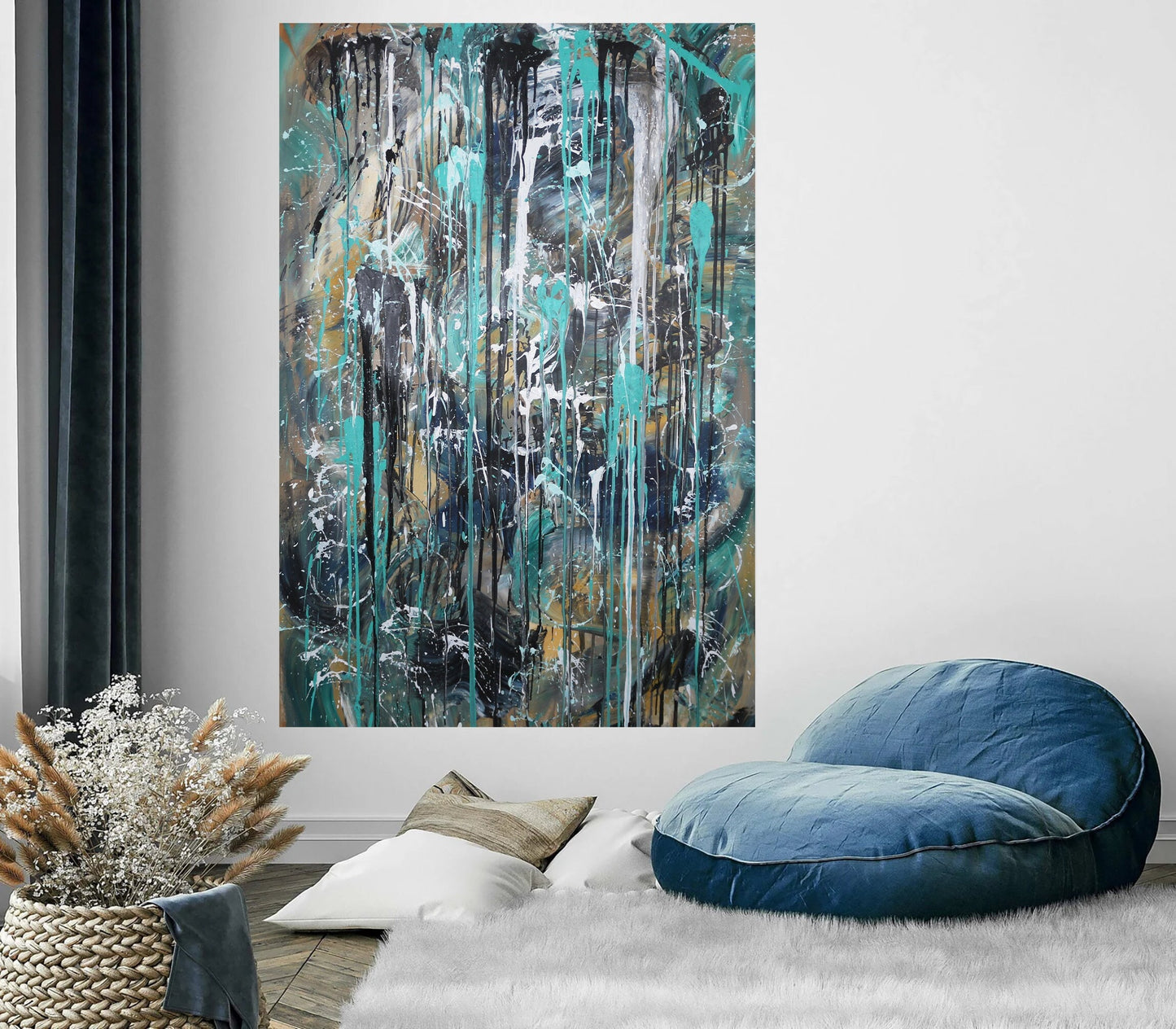 Turquoise Abstract Wall Art – Original Dripping Painting on Large Canvas | One of a Kind Textured Acrylic Artwork