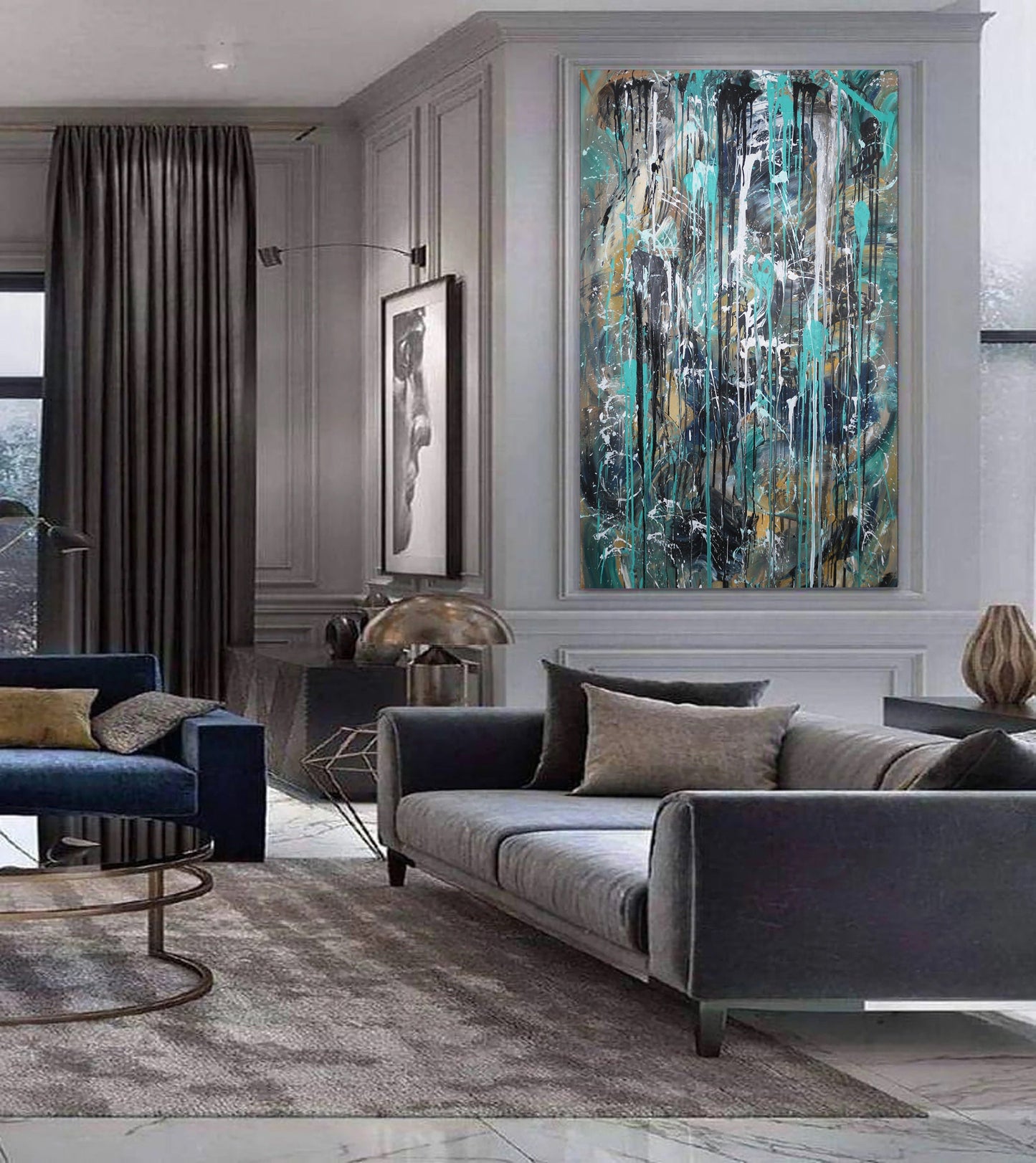 Turquoise Abstract Wall Art – Original Dripping Painting on Large Canvas | One of a Kind Textured Acrylic Artwork