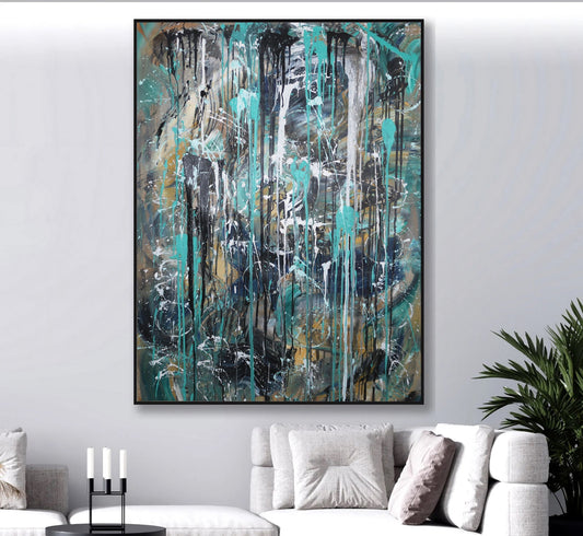Turquoise Abstract Wall Art – Original Dripping Painting on Large Canvas | One of a Kind Textured Acrylic Artwork