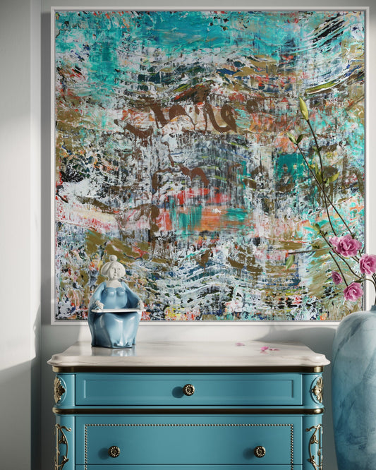 Teal and Gold Abstract Painting - Square Resin Art on Canvas - One of a Kind 40x40” Modern Wall Decor