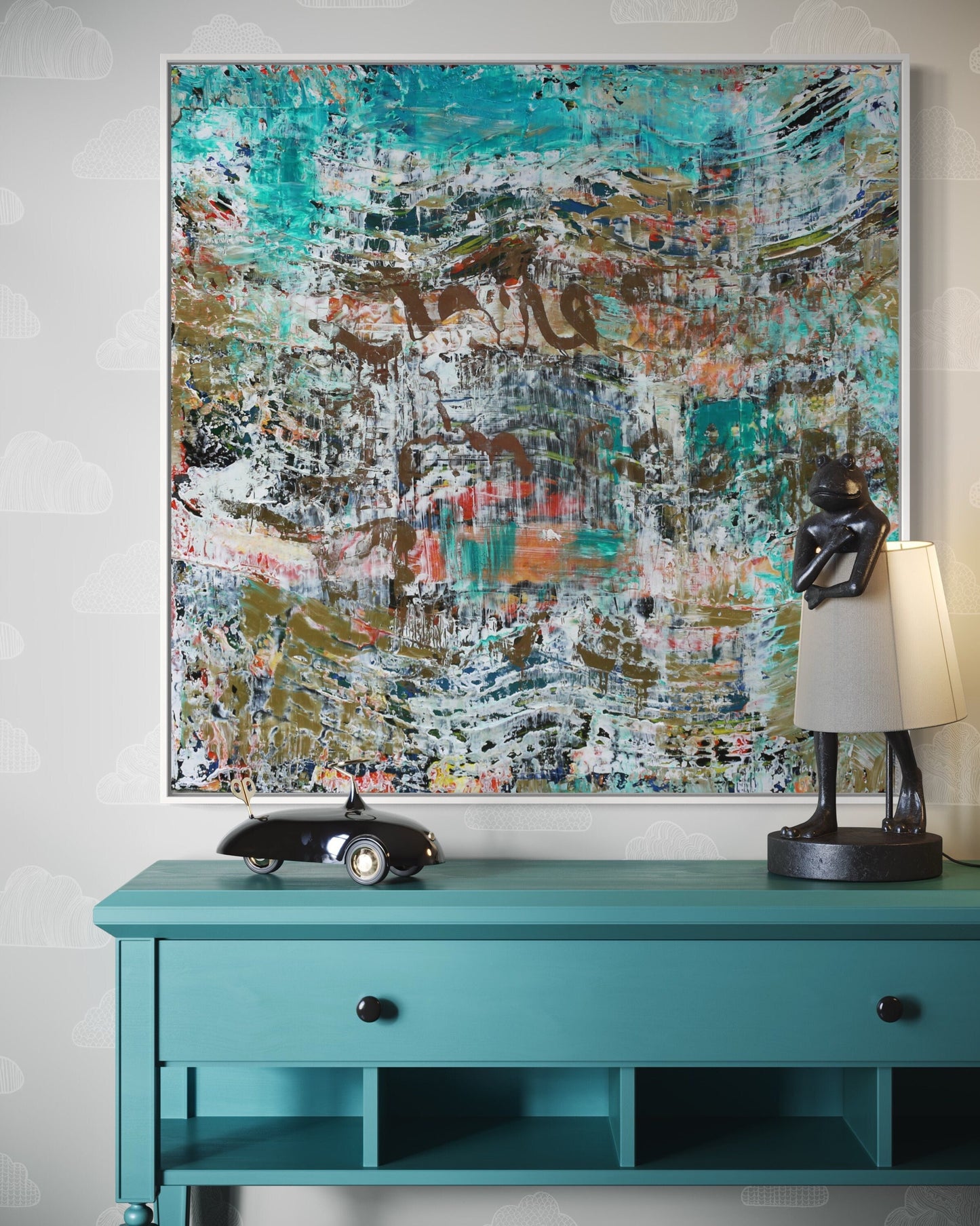 Teal and Gold Abstract Painting - Square Resin Art on Canvas - One of a Kind 40x40” Modern Wall Decor