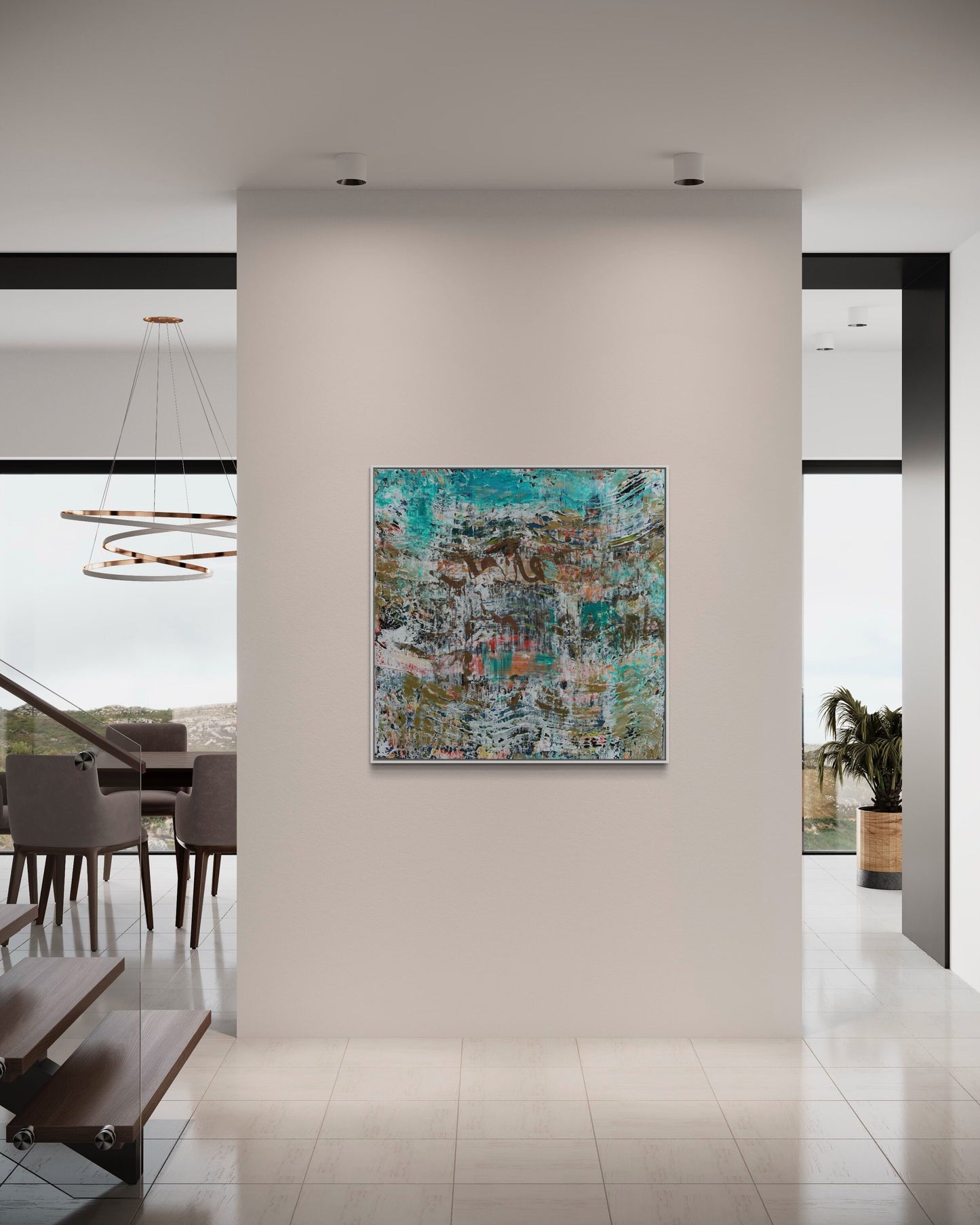 Teal and Gold Abstract Painting - Square Resin Art on Canvas - One of a Kind 40x40” Modern Wall Decor